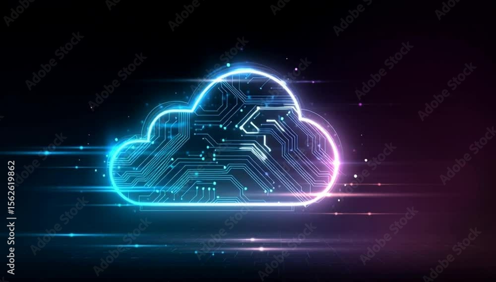 Poster a glowing neon cloud icon with circuit patterns, representing the concept of cloud computing in digi