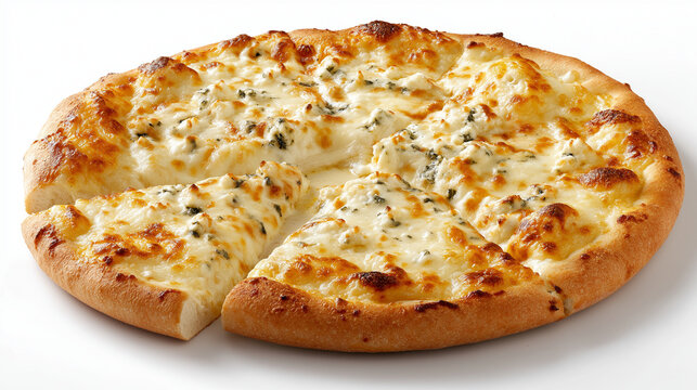 Four cheese pizza with gooey, golden mozzarella and herbs, sliced and ready to serve, great for menus or cheese-centric food ads