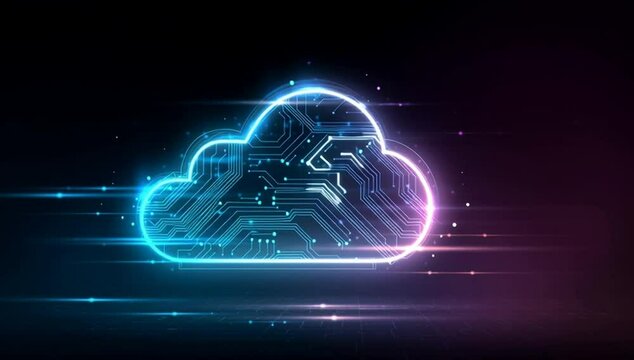 A glowing neon cloud icon with circuit patterns, representing the concept of cloud computing in digital and cybersecurity technology There's an atmosphere of modernity and technology Generative AI