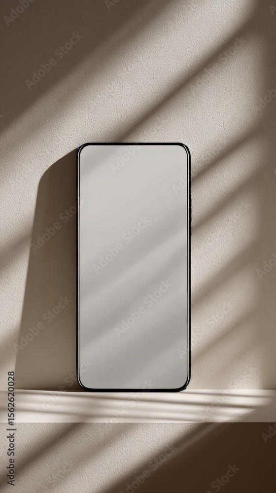 Poster Modern smartphone with large high-resolution display and slim bezel design placed on beige textured surface with shadows and natural light