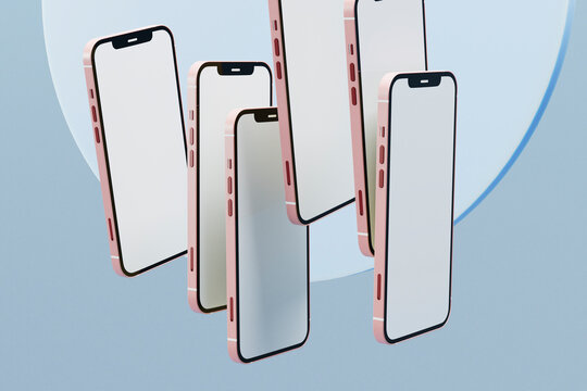  Multiple smartphones floating against abstract sphere backdrop