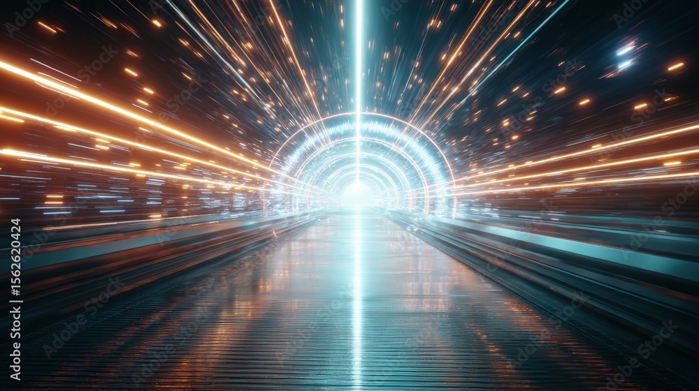 Poster futuristic tunnel with bright glowing light at the end with sparks and light streaks creating a sense of motion and high technology environment in space