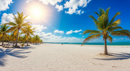 Obraz premium A bright beach scene with palm trees and white sand under a blue sky with scattered clouds and a shining sun
