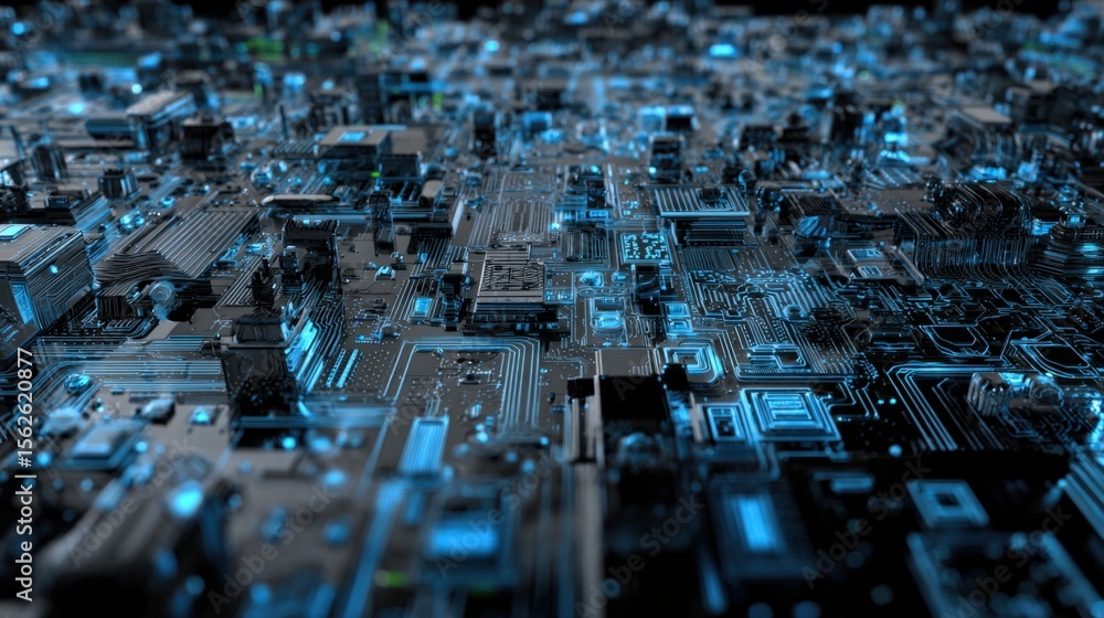 Poster futuristic highly detailed digital circuit board with glowing blue connections representing advanced