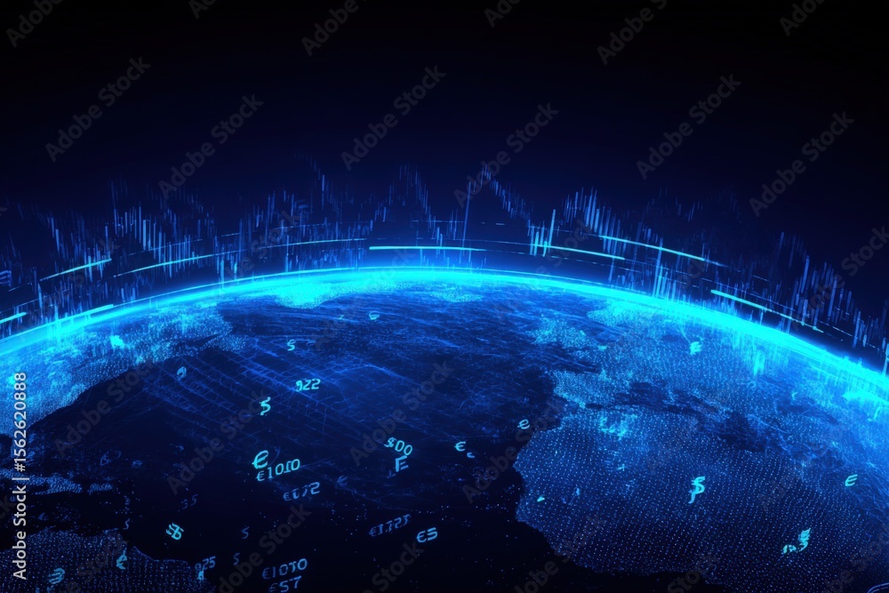 Poster Digital Global Network Connectivity Concept with Data Streams and Digital Data Over Earth Surface in Futuristic Style