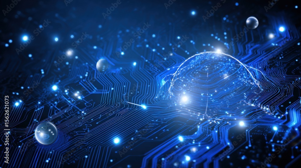 Poster High-tech digital neural network with glowing circuits and interconnected nodes representing artificial ligence and futuristic technology
