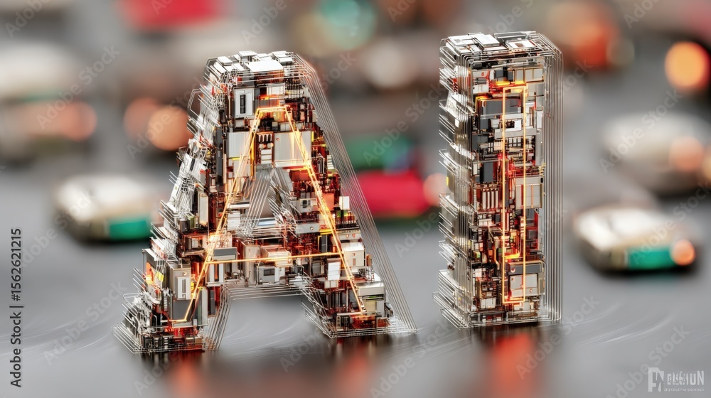 Aufkleber High-tech futuristic letter AI constructed from electronic components with detailed circuitry and glowing elements on blurred background