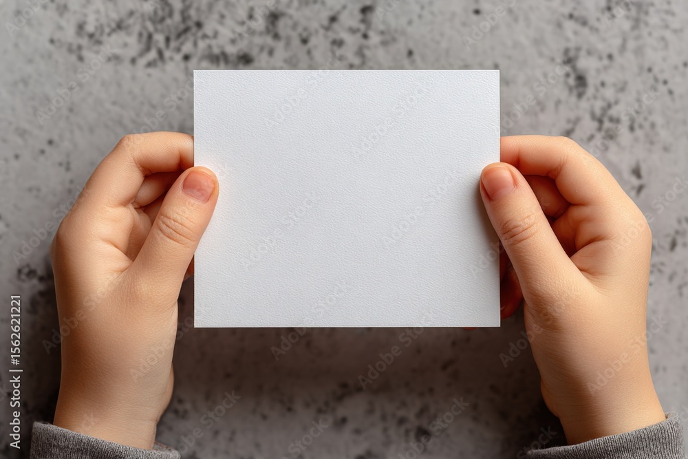 Aufkleber hands holding a blank white card or cardboard square over gray stone surface for ing or presentation
