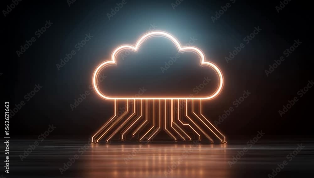 Poster a glowing neon cloud icon with circuit lines emanating from it, set against an abstract dark backgro