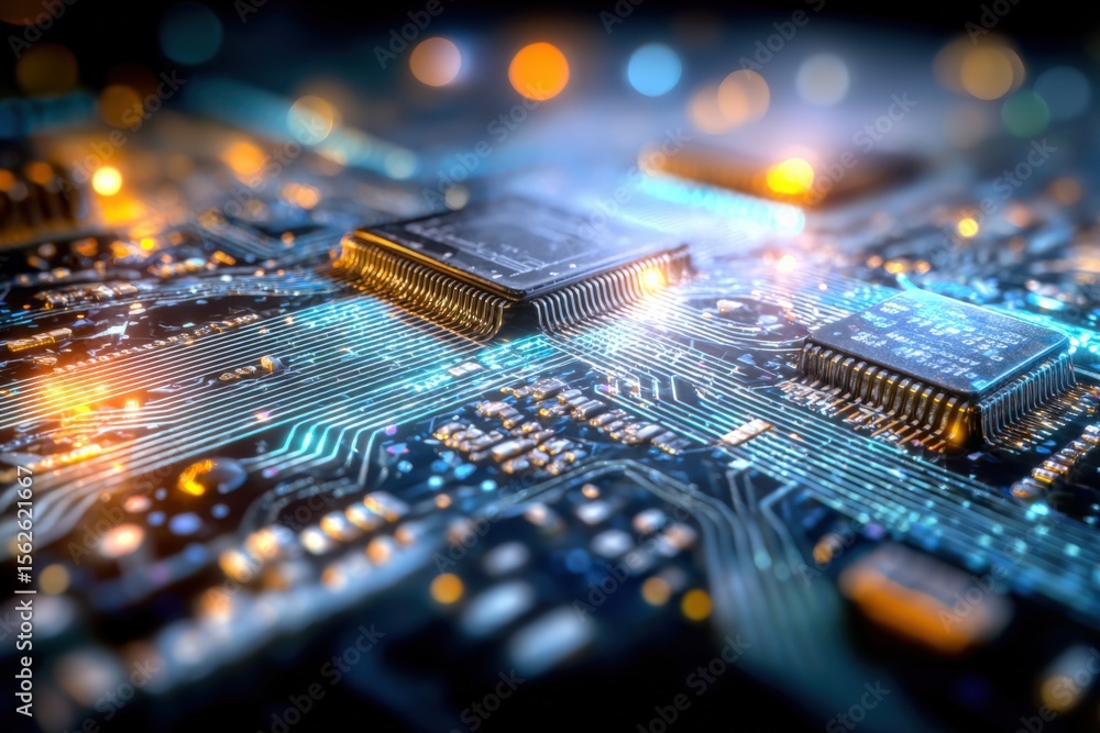 Fototapete Close-up of a high-tech computer microchip circuit board with intricate pathways and glowing electronic components on a digital background