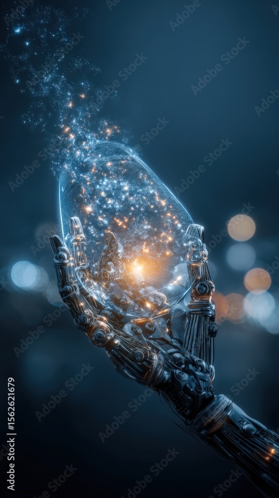 Poster futuristic robotic hand holding a glowing crystal orb emitting sparks and light against a dark blue 