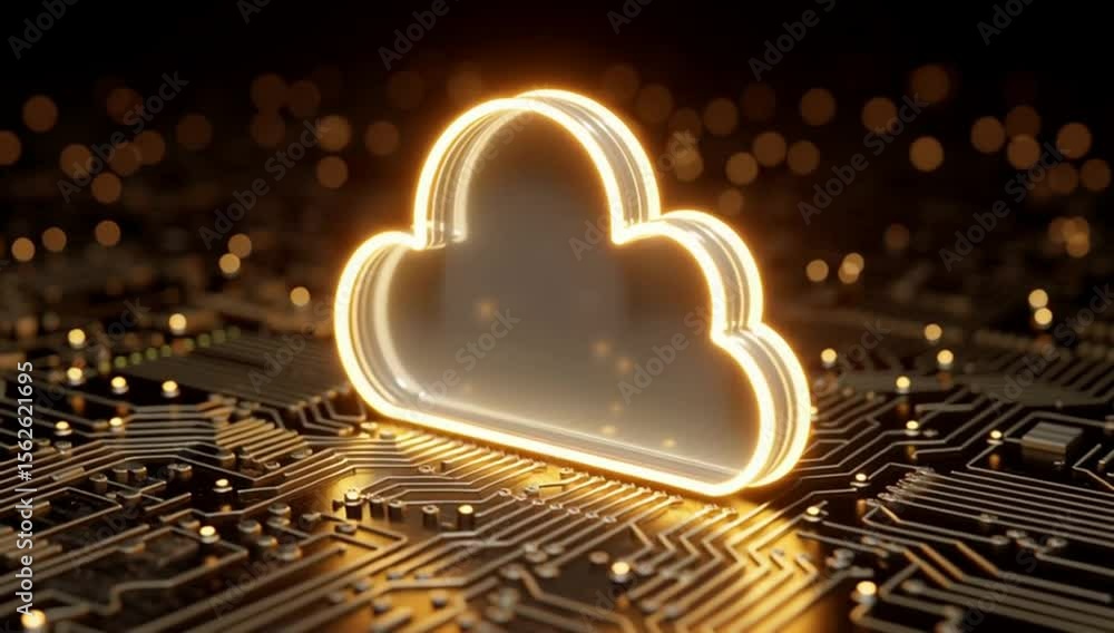 Aufkleber 3d render of a glowing neon cloud icon with a circuit board background, a digital technology concept