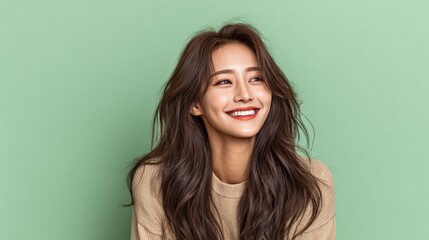 Fototapeta premium Happy Young Woman with Long Wavy Hair Smiling Cheerfully Against Bright Green Background in Casual Fashion and Natural Makeup