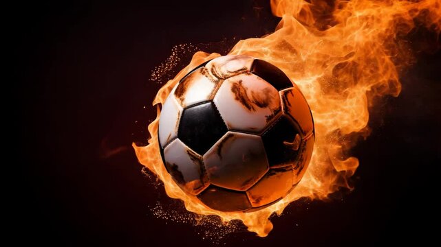 Gen-4 Turbo A blazing soccer ball dramatically lodged in the goal, with the net engulfed in fiery flames&mdash;capturing the intensity, power, and excitement of a game-winning shot in a high-energy sports m