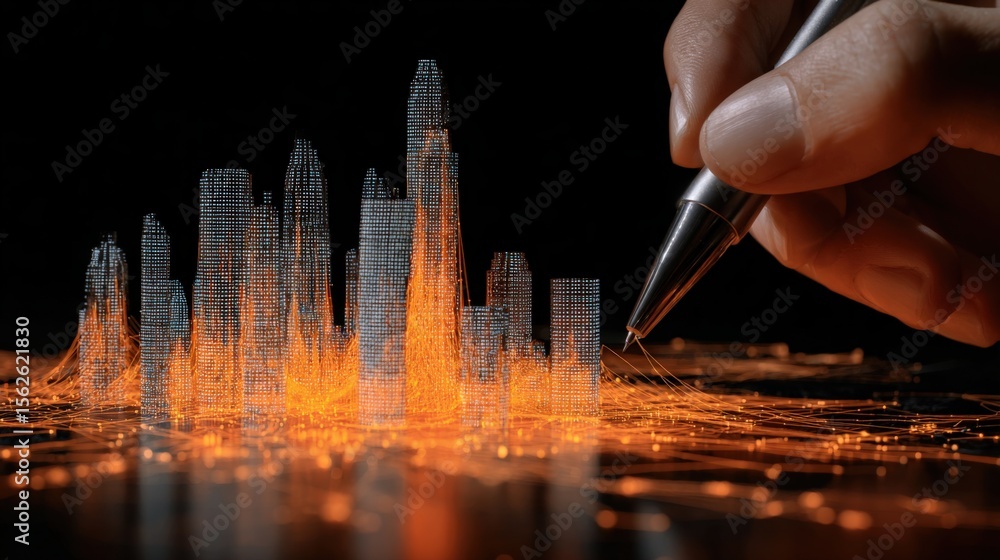 Poster digital hologram of a futuristic cityscape being sketched with a pen on a transparent surface in a d