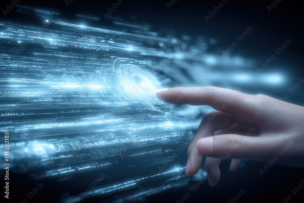Aufkleber Futuristic digital interface with hand interacting with virtual hologram technology and glowing data streams in high-tech environment