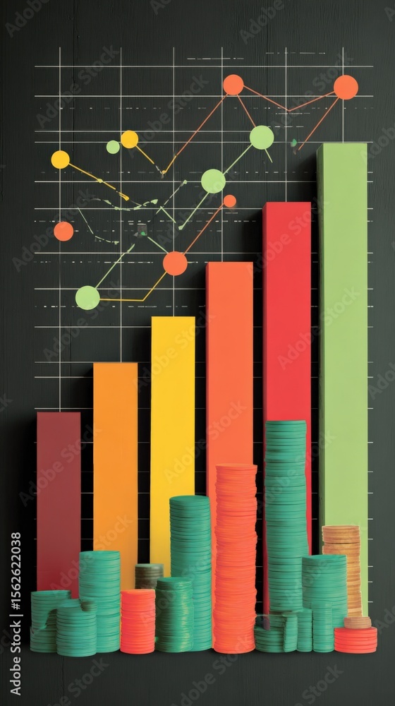 Poster financial growth increasing with colorful ascending bar graphs and stacked coins on black chalkboard