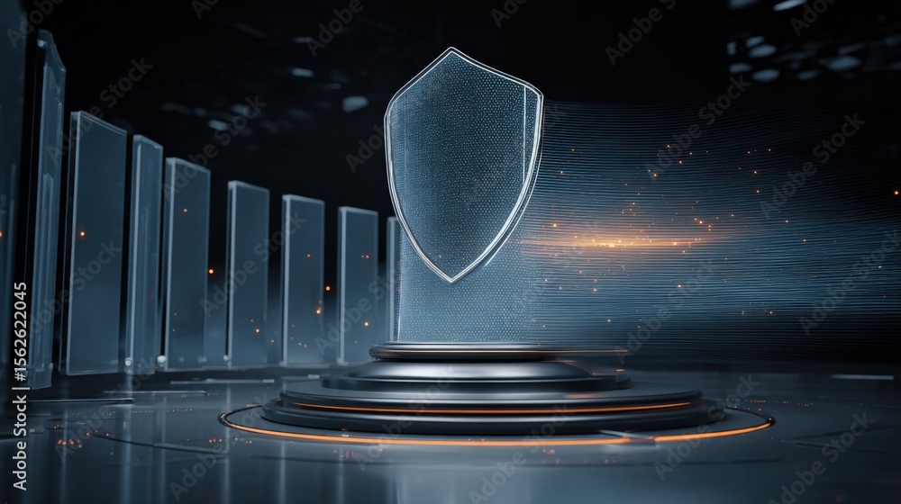 Poster futuristic digital shield in a high-tech environment with glowing lights and abstract background representing cybersecurity technology innovation