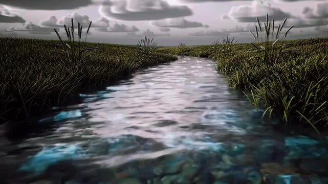 A realistic 4K cinematic prairie creek under overcast sky, cool crystal water threading through windless grassland, diffuse gray light, slow clouds above, static dry grass stems, realistic, 3D look