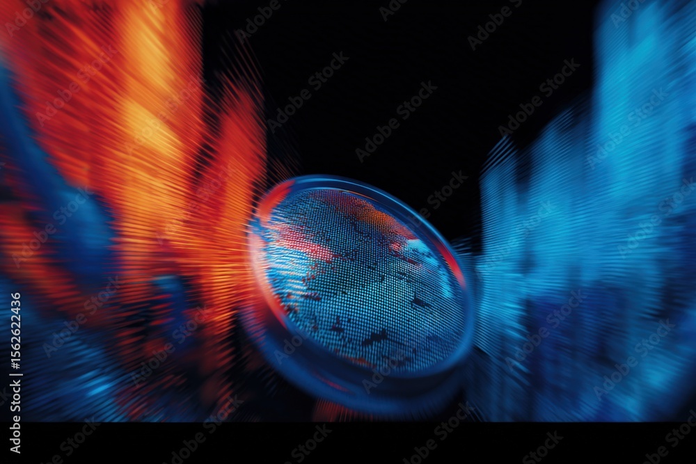 Poster Digital Globe with Data Streams in Vibrant Blue and Red Colors Representing Global Technology and Data Connectivity Concepts
