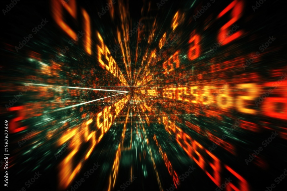 Aufkleber Digital data stream visualization with bright glowing numbers and codes in motion depicting information technology and cybersecurity concepts