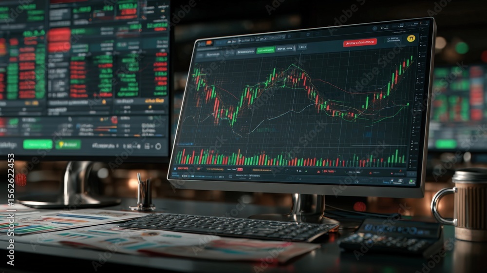 Poster Advanced stock trading and financial analysis setup with multiple monitors displaying stock market charts and data in a modern office environment