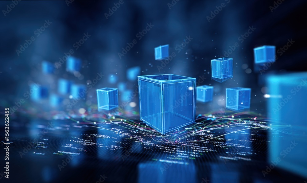 Aufkleber Digital Blockchain Technology Concept with Glowing Blue Cubes and Data Network Visualizations for Cryptocurrency and Secure Data Storage