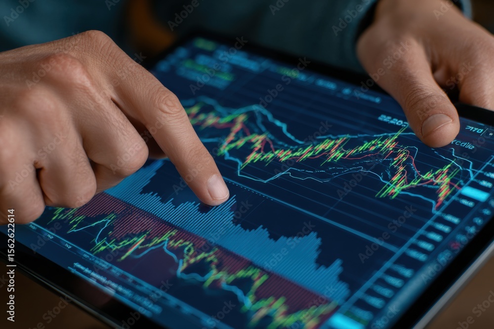 Poster Close-up of a person's hands analyzing financial stock market charts on a tablet device with colorful graphs and data visualization