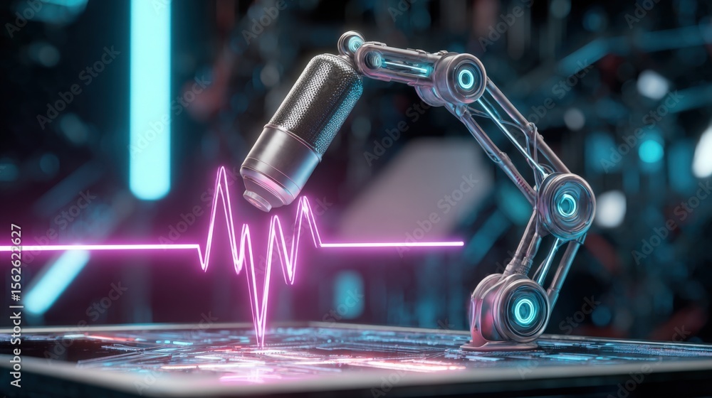 Poster Futuristic robotic arm with precision tools performing complex medical or technological task in advanced laboratory setting with neon lighting and digital displays
