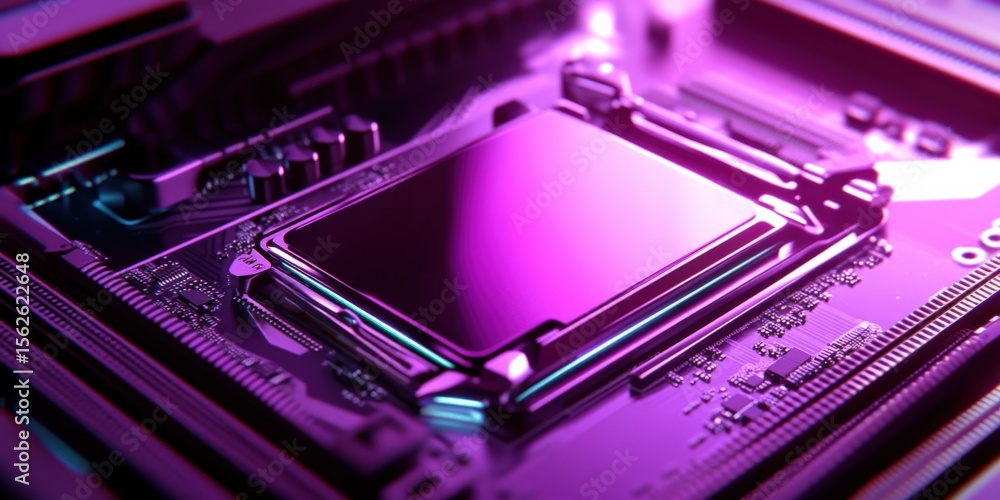 Poster Close-up of a computer motherboard with a highlighted central processing unit and colorful lighting effects showcasing modern electronic hardware