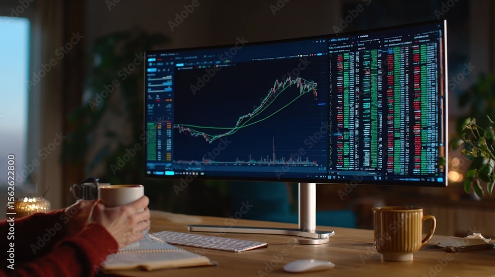 Poster Wide Computer Monitor Displaying Stock Market Data with Financial Graphs and Trading Charts in a Modern Office Environment