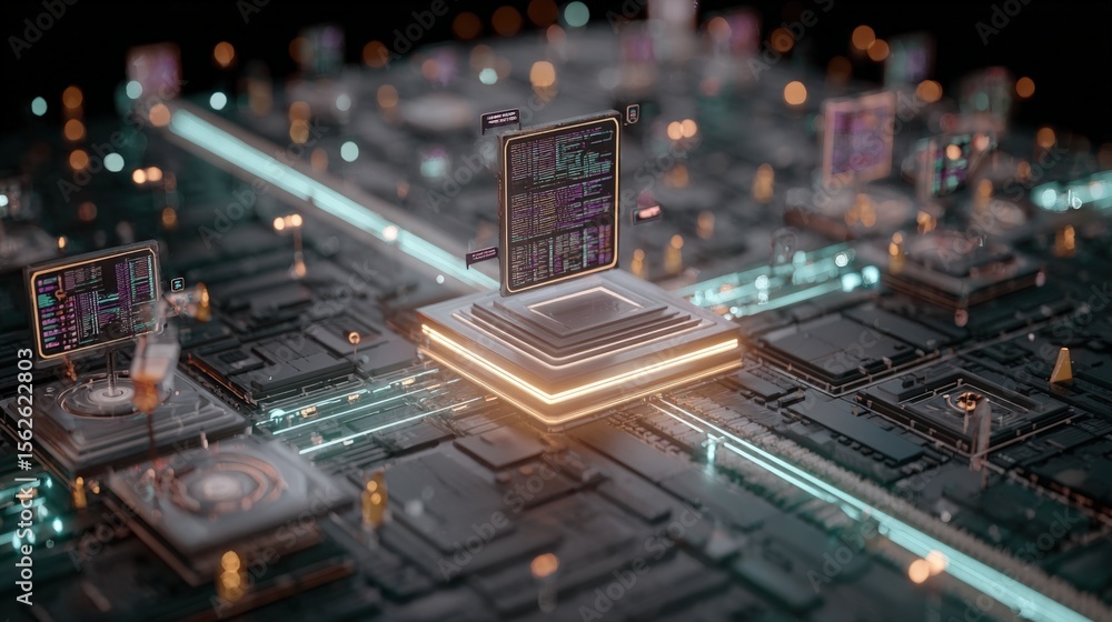 Poster Highly detailed futuristic computer chip with glowing circuits and multiple digital screens in a modern technological environment