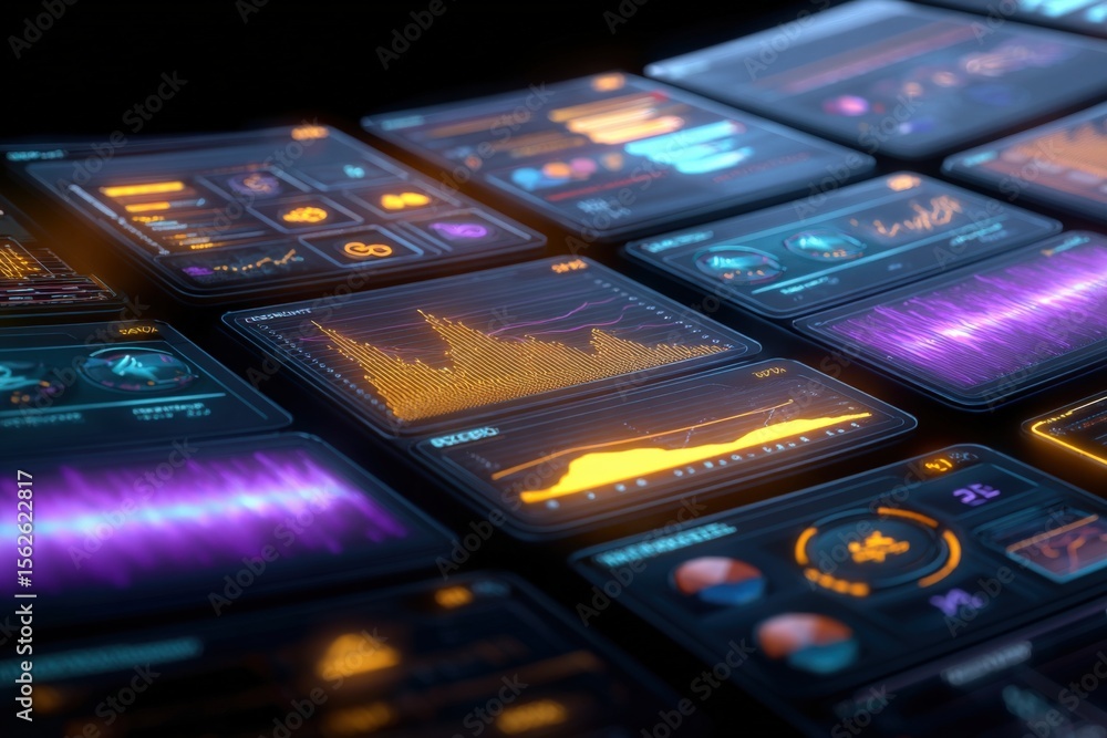 Aufkleber Advanced futuristic digital dashboard with holographic interfaces and colorful data visualizations on transparent screens in dark environment