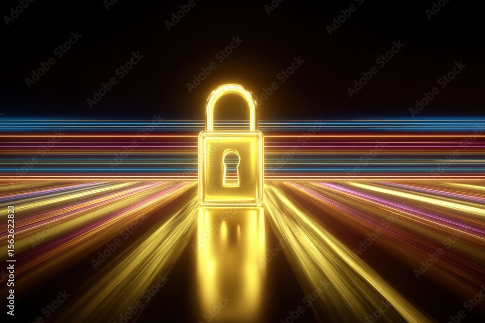 Aufkleber futuristic glowing yellow padlock symbolizing digital security and data protection with vibrant stre