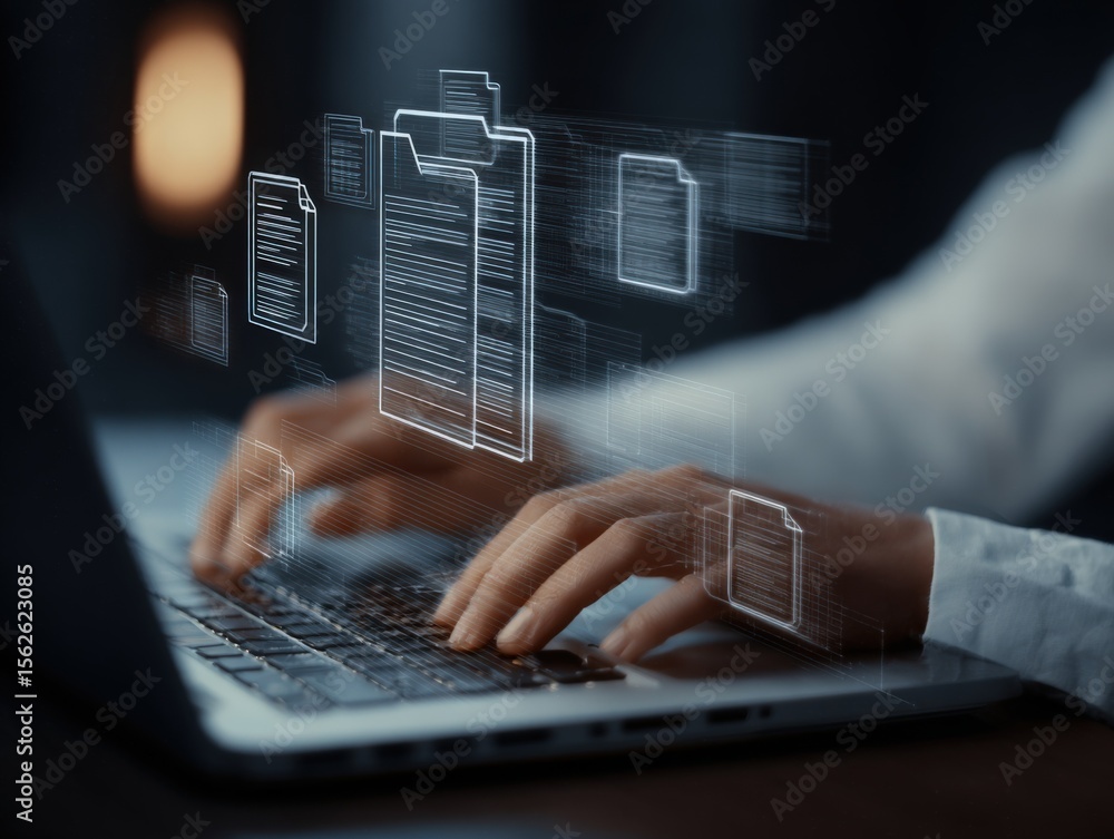 Poster Modern digital technology concept with holographic file and document icons floating above a person's hands working on a laptop in a dark environment