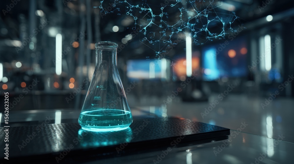 Poster Modern science laboratory with glass flask containing blue liquid and illuminated molecular network display on futuristic technology background