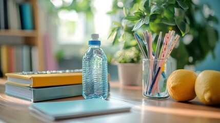 Refreshing Scene with Water Bottle, Books, and Fresh Lemons on Desk