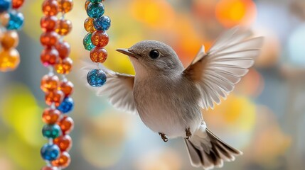 Beautiful Bird in Motion with Colorful Beads Background