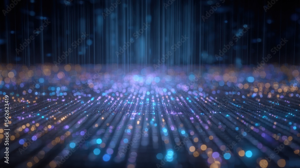 Poster futuristic digital data visualization with bright blue purple light particles on dark background for