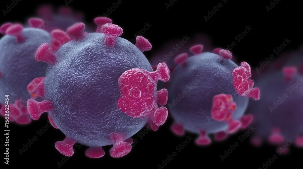 Poster highly detailed microscopic view of virus particles illustrating structural features of coronavirus 