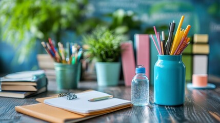 Colorful Office Supplies and Stationery on a Wooden Desk Scene