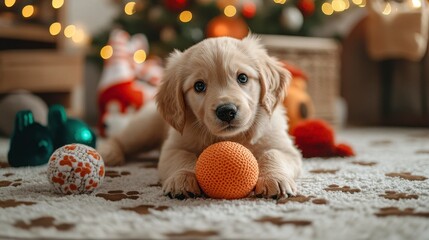 Cute Golden Retriever Puppy Playing with Colorful Balls Indoors
