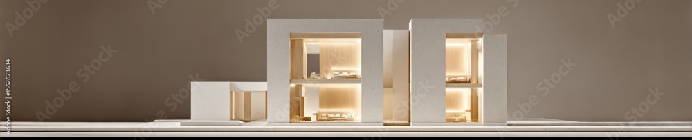 Poster Modern minimalist architectural facade with large illuminated rectangular and neutral color tones in a contemporary building design