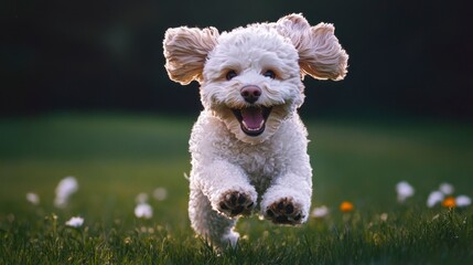 Happy Dog Running Joyfully in Green Field with Flowers Nearby