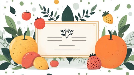 Colorful Fruit Illustration with Decorative Frame and Green Leaves