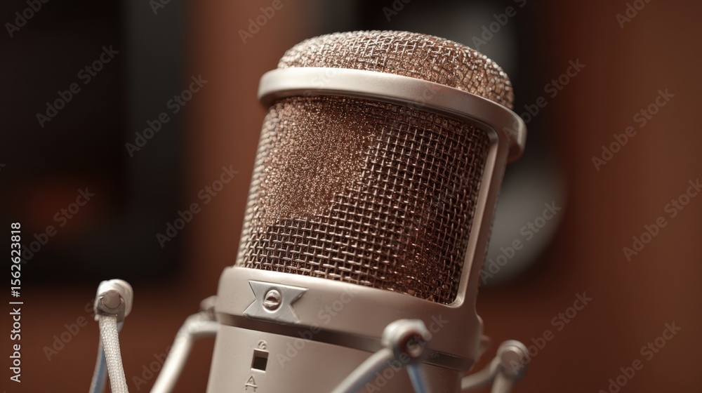 Poster close-up of professional studio condenser microphone with metallic mesh grille for podcast recording