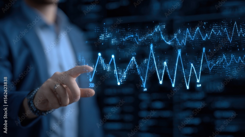 Poster Business professional analyzing digital financial data and futuristic computer graphics representing technology and financial analytics on a screen