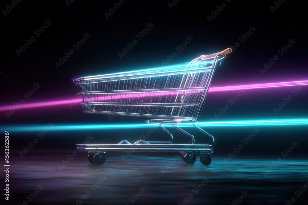Poster futuristic neon light shopping cart in motion with bright glowing lines and high-tech modern design 