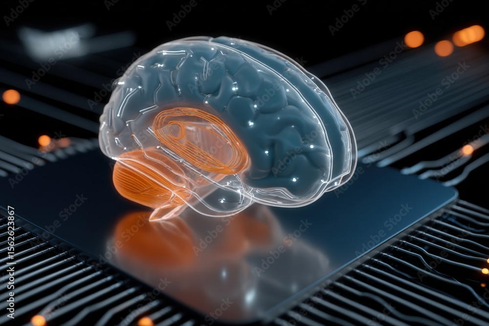 Poster highly detailed digital illustration of a human brain with neural connections and circuitry elements