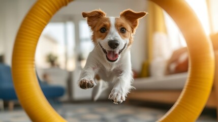Happy Dog Jumping Through Ring in Bright Indoor Setting